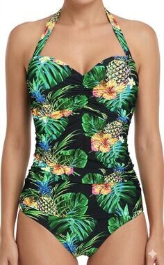 Cocoship Green Black Pineapple Palm Tropical One Piece Halter Bathing Suit Sz 8